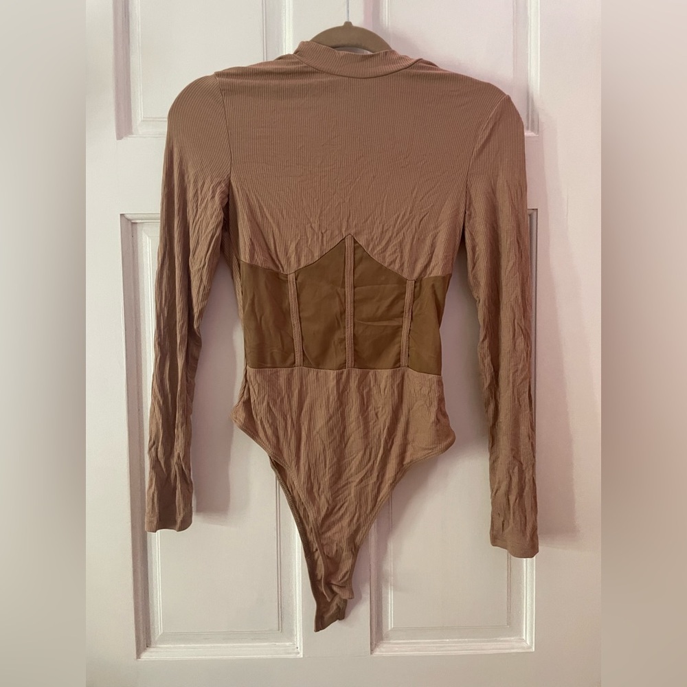 NEVER WORN Light Brown Mesh Cutout Bodysuit